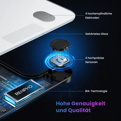 REPHO digital bathroom scale with Bluetooth, high-precision sensors, smart scale measuring body fat and muscle mass up to 180 kg/400 lbs.