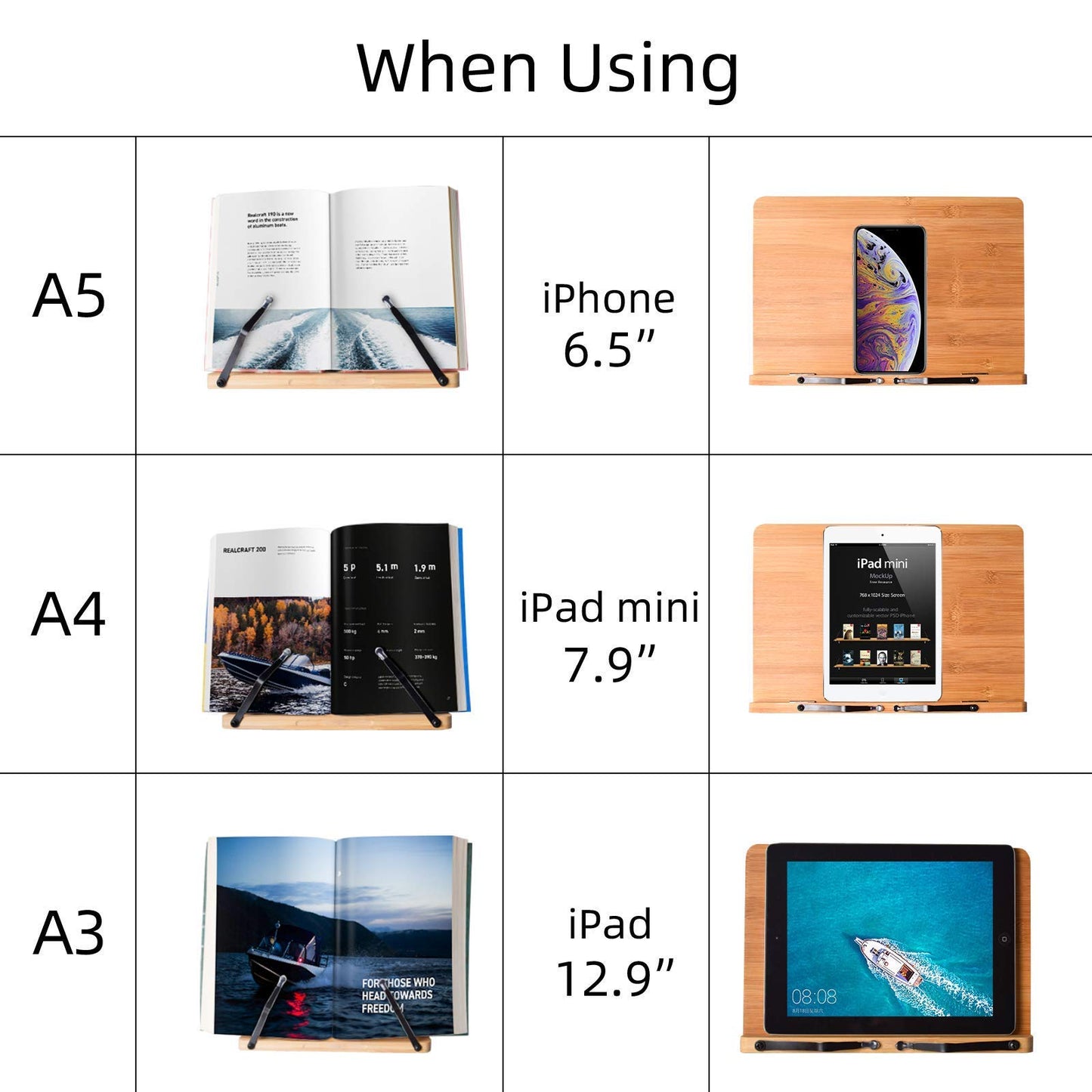 Wishacc book stand adjustable - upright bamboo book stand & holder for reading desk, adjustable reading height and angle with page clips (27.9 x 20.6 cm)