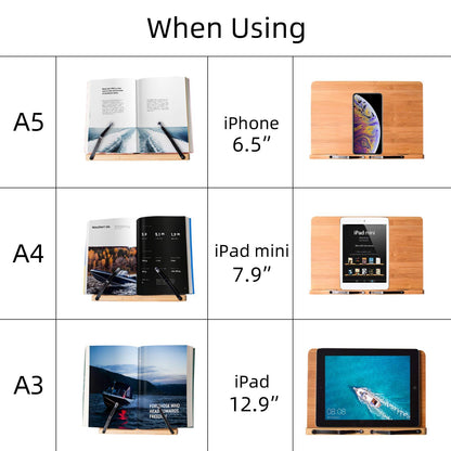 Wishacc book stand adjustable - upright bamboo book stand & holder for reading desk, adjustable reading height and angle with page clips (27.9 x 20.6 cm)