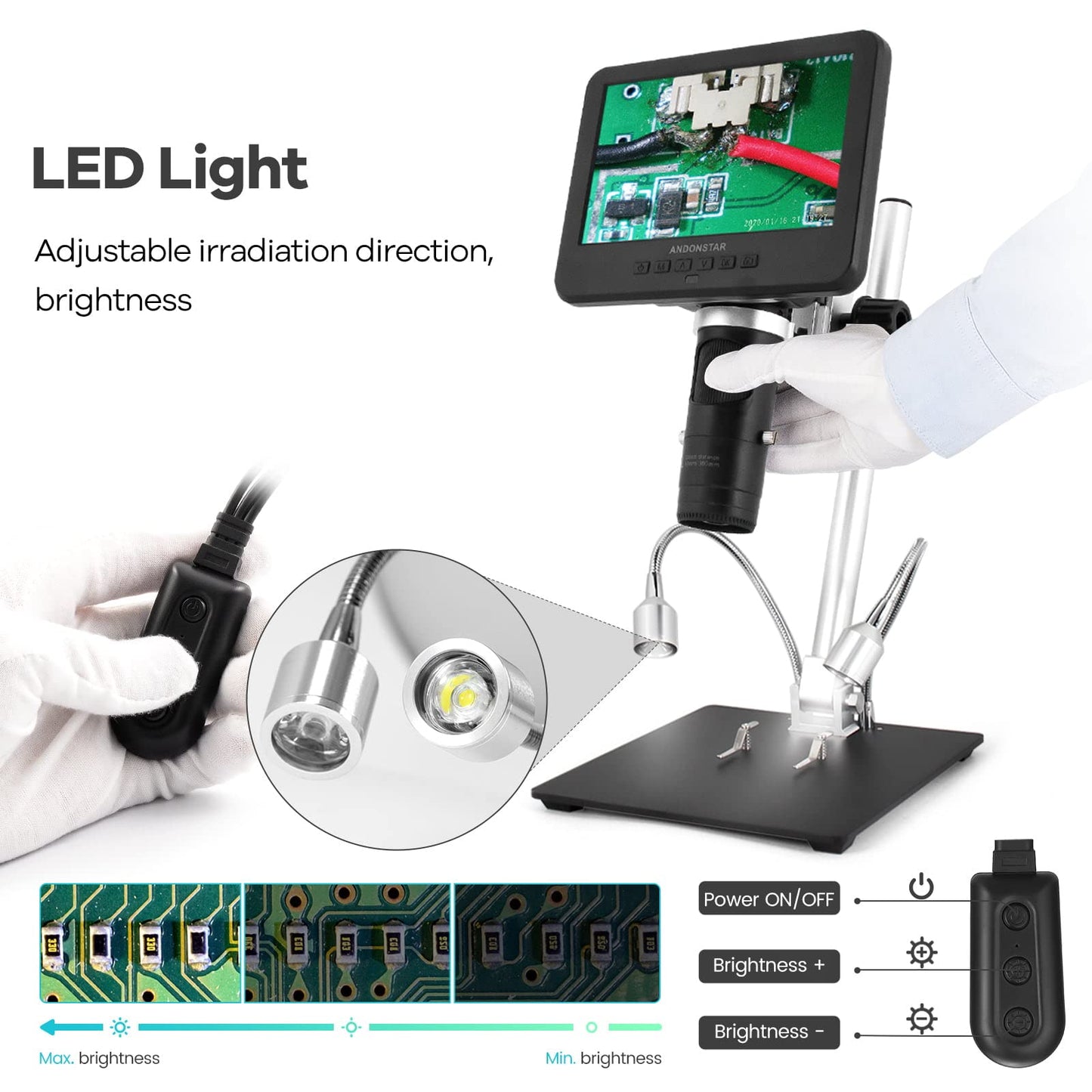 Andonstar AD246-M Digital Microscope, with 3 lenses, 1080P FHD video recording, 7-inch LCD 500x, soldering microscope, biological microscope kit with 32G card, prepared slides.