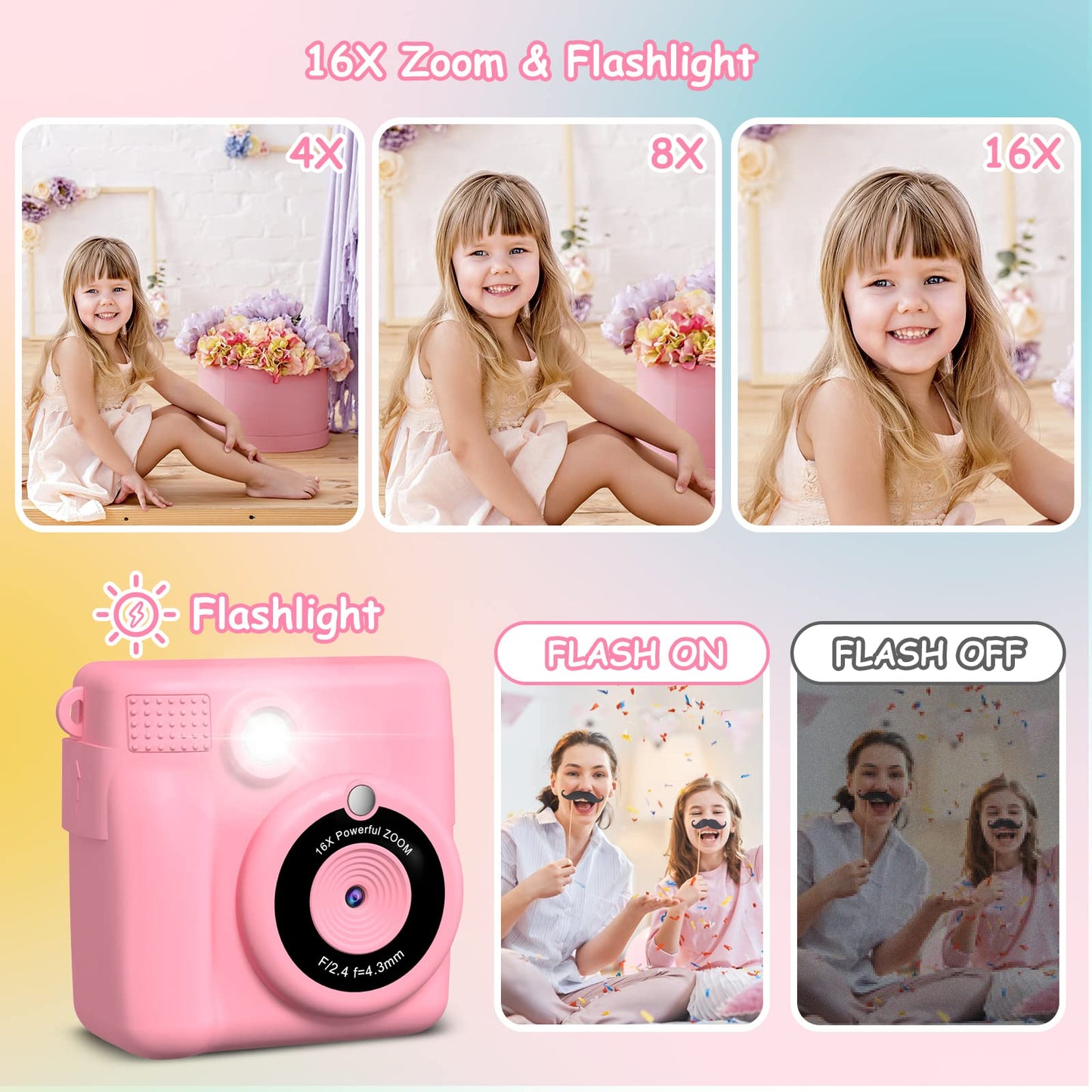 GREENKINDER Kids Camera Instant Camera, 1080P 2.4 Inch Screen Instant Camera for Kids with Printing Paper & 32GB Card, Digital Camera for Kids with Colored Pens Gift for Girls 3-12 Years