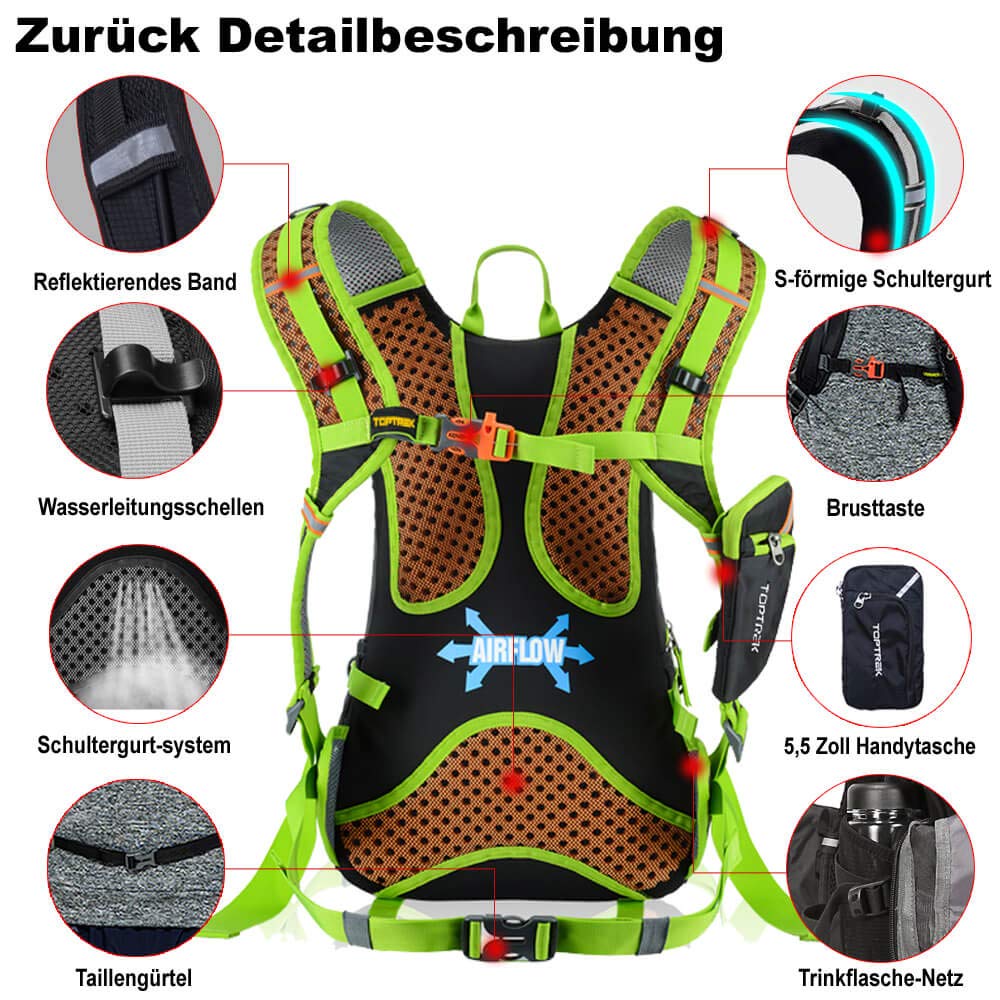 toptrek Bike Backpack 18L Ultra-lightweight Bicycle Backpack with Rain Cover and Helmet Cover Hydration Backpack Waterproof Cycling Backpack Sports Backpack Hydration Backpack (Green)
