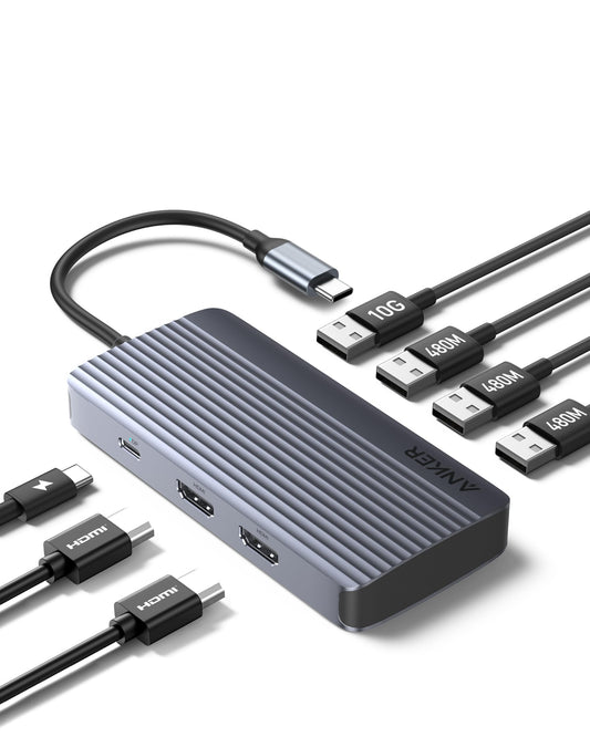 Anchor 7-in-1 USB-C Hub, Dual Display USB-C Docking Station, Dual HDMI Display, 100W Power Delivery, 10Gbit/s data transfers, USB ports for MacBook Air/Pro, Dell XPS, iPad Pro, and more.