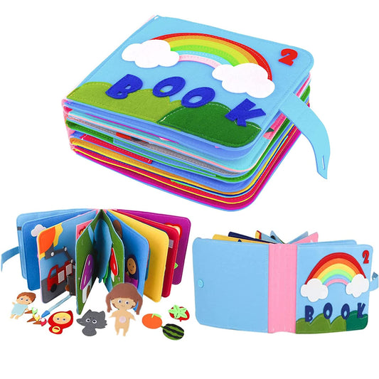Quiet Book with 16 themes, 3D felt Busy Book, Educational sensory fabric book, Learning toy for toddlers aged 1 2 3 4 years.