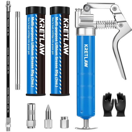 KRETLAW Mini Grease Gun Kit, small grease gun (3000 PSI) with dual 85g cartridge grease and 305mm flex hose, reinforced coupler for automotive and marine use.