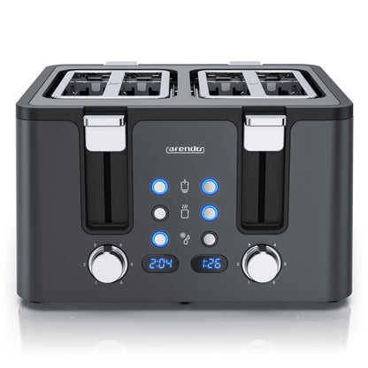 Arendo - 4-Slice Stainless Steel Toaster - with Bun Attachment - 4 Slots - LED Display Countdown Timer - Double-Wall Housing - Defrost Function - Crumb Tray - 6 Browning Levels - Cool Grey Design