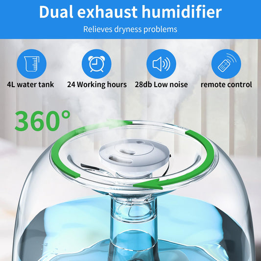 4L top fill humidifier bedroom, 28dB 35H room humidifier with 360° rotatable nozzle, remote control, timer, RGB color night light humidifier for nursery, office, baby.