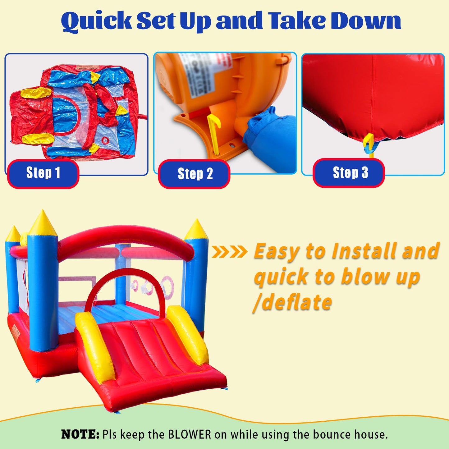 Ballsea PVC Inflatable Bounce House with blower, trampoline, slide, safety net. Made of PVC, suitable for home, outdoor, kindergarten, or commercial use. Size: 365 * 283 * 195cm.