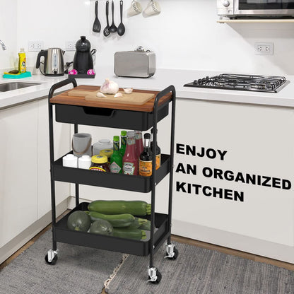 Shrivee 3-Tier Kitchen Cart with Table and Drawer, Utility Cart, Metal Utility Rolling Cart, Shelf Cart for Office Salon, Multi-Purpose Cosmetic, Serving Cart for Kitchen, Bathroom, Office (Black)