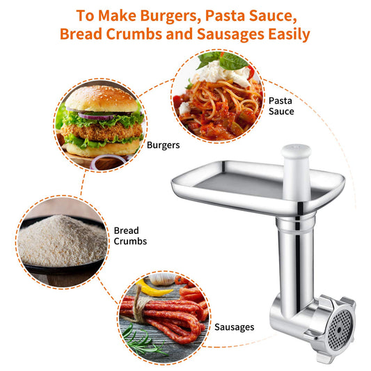 Gdrtwwh meat grinder attachment compatible with all KitchenAid stand mixers - includes 3 sausage stuffing tubes, 2 grinding blades, and 5 grinding plates.