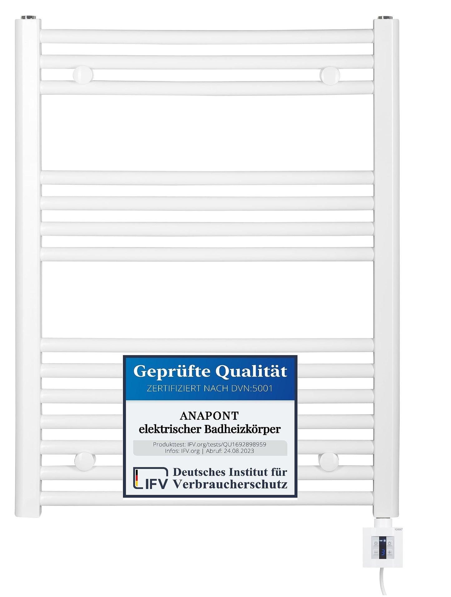 anapont electric bathroom radiator 775x400 - white straight - timer function - towel radiator - electric bathroom heating - towel heater - Made in Germany