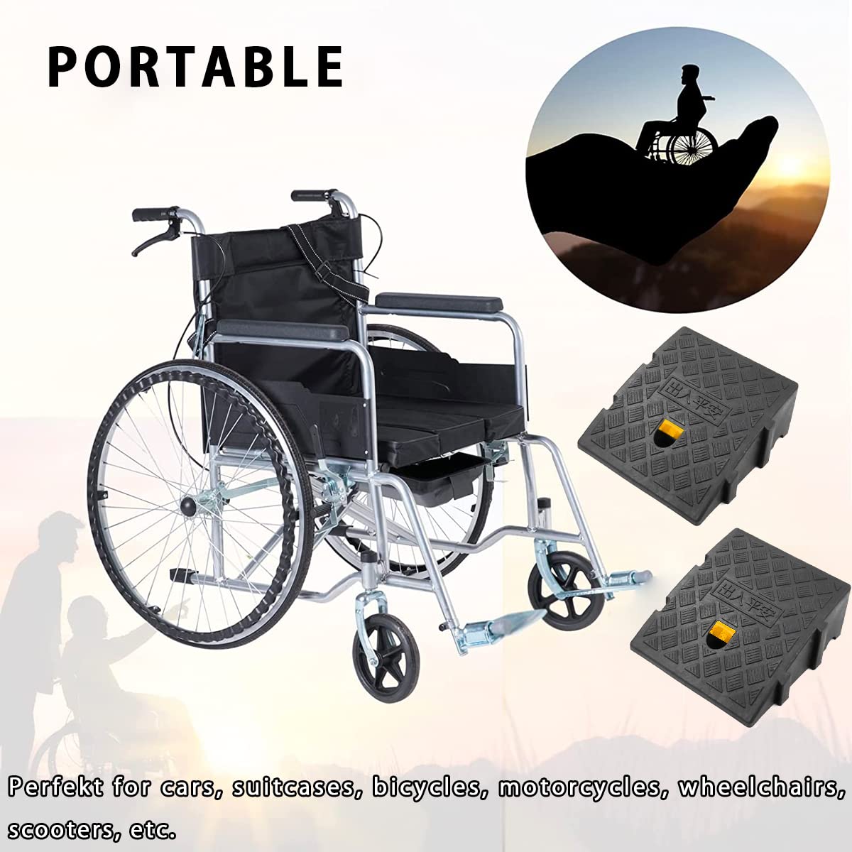 Curb ramps, portable lightweight ramps, threshold ramps, for driveways, sidewalks, car, scooter, 1 piece with 1 expansion bolt (black, 26.9 x 24.9 x 7 cm, 1 piece)