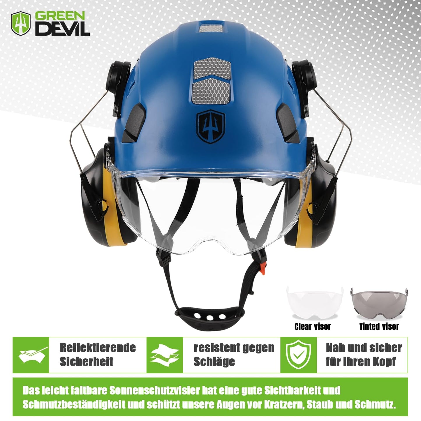GREEN DEVIL 3-in-1 Forestry Helmet Safety Helmet Construction Helmetcomplying with EN397, High-strength ABS structure helmet, with visor and ear protection ear muffs, stable 6-point attachment