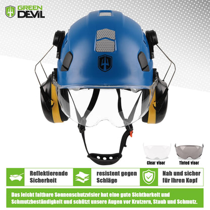 GREEN DEVIL 3-in-1 Forestry Helmet Safety Helmet Construction Helmetcomplying with EN397, High-strength ABS structure helmet, with visor and ear protection ear muffs, stable 6-point attachment