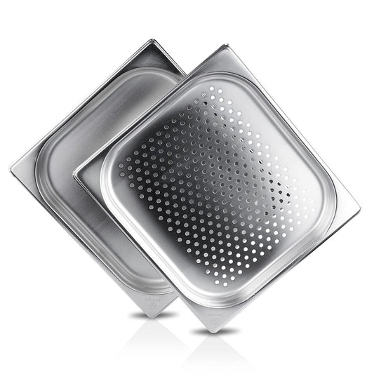 jokobela 2-piece GN container set :: 1x perforated / 1x non-perforated :: suitable for Gaggenau, Miele, and Siemens steam ovens (stainless steel, dishwasher safe, GN 2/3, W 32.5 x L 35.4 x 40mm deep)