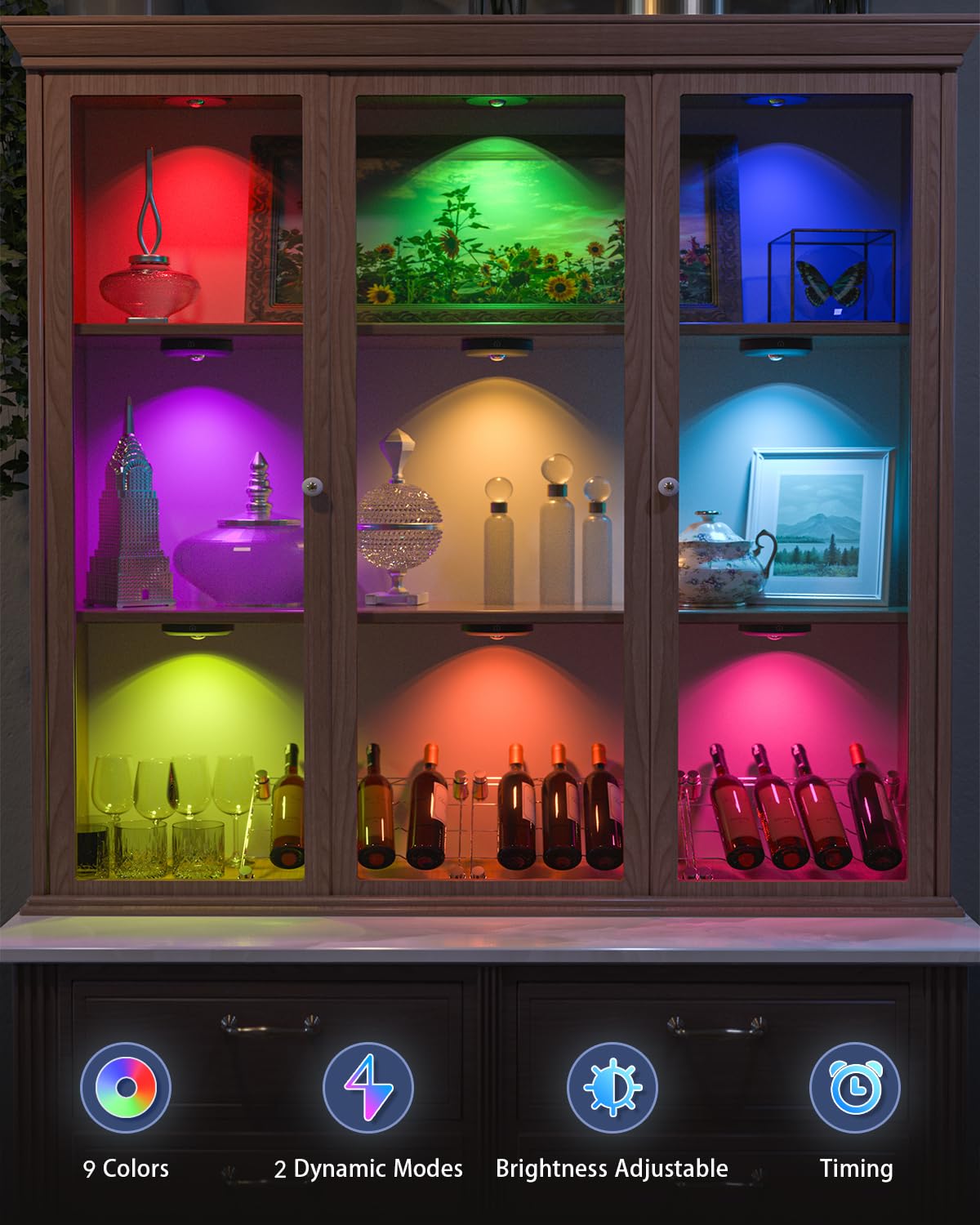WILLED USB rechargeable RGB LED spots battery with remote control, color changing LED under cabinet light, magnetic dimmable battery cabinet lighting, wireless display lighting with timing function (6 pack)
