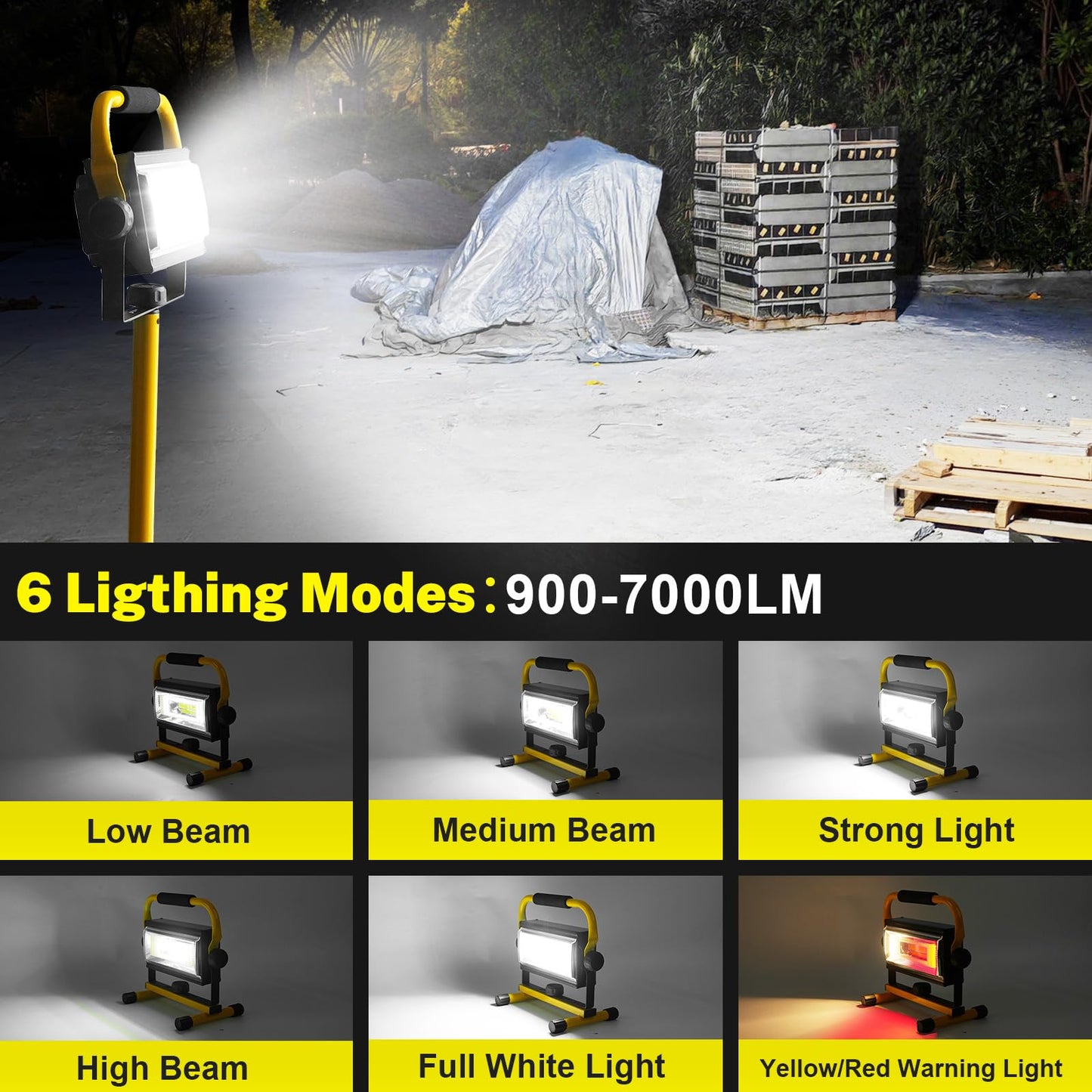 SYLSTAR LED construction spotlight with battery, 80W 7000 lumens LED spotlight with battery work light with 6 modes, portable work spotlight for workshop construction site garage camping outdoor lighting