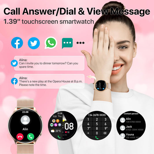 Nendefin Smartwatch Women, 1.39 inch round watch with phone function and Whatsapp voice assistant. Fitness tracker with activity tracker, 100+ sport modes. Women's fitness watch for Android iOS.