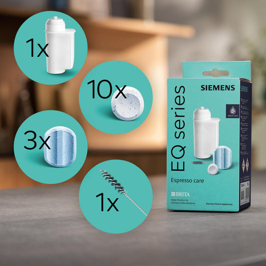 Siemens Care Kit for fully automatic coffee machines TZ80004A, 10 cleaning tablets, 1 BRITA water filter, 3 descaling tablets, brush, for EQ series and built-in fully automatic machines, white