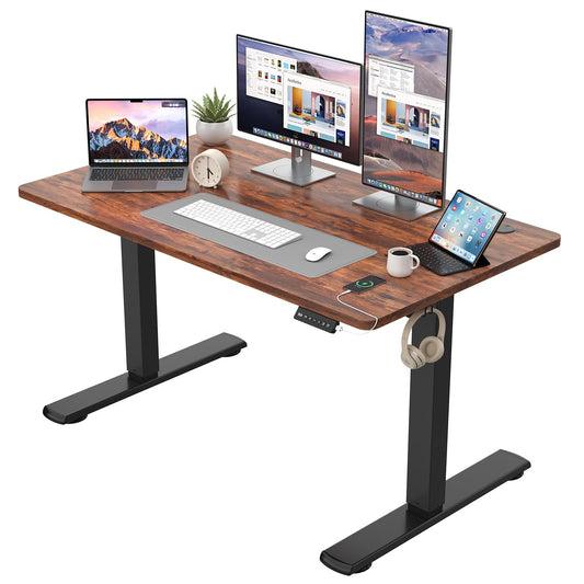 JUMMICO Adjustable Standing Desk COMPLETE TABLETOP Electric Height Adjustable Desk with Memory Function Standing-Sitting Table Computer Desk 120 x 60 cm Brown