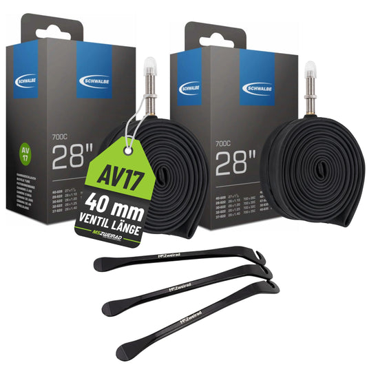 2-pack Schwalbe bike tube AV17 40mm 28 inch (28/47-622/635) including 3 MSZweirad tire levers
