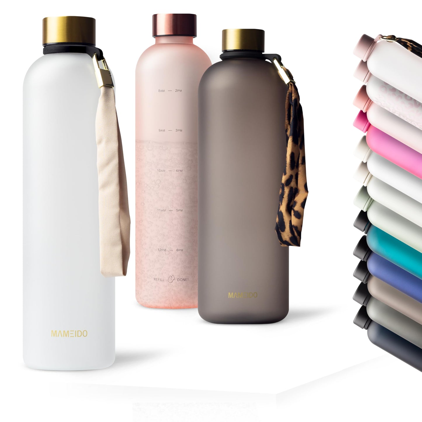 MAMEIDO 1L carbonation-friendly water bottle with leak-proof design, time markings, BPA-free for sports, gym & office (Frosted White Gold)