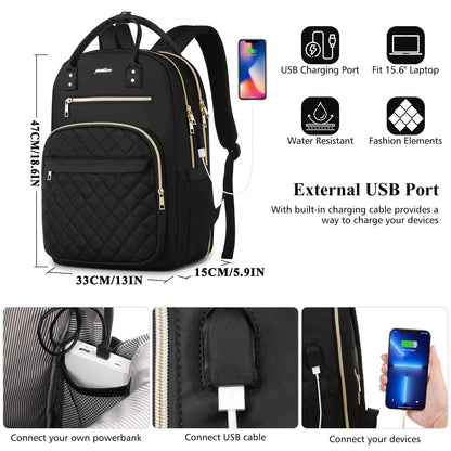 YAMTION 17.3 Inch Black Backpack for Women, School Backpack for Girls Teenagers with USB and Laptop Compartment for School University Office Work City