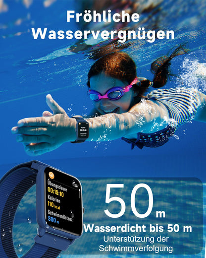 BIGGERFIVE Smartwatch Kids, Fitness Tracker Watch Digital Fitness Watch with Step Counter, 24/7 Heart Rate, 5ATM Waterproof, Sleep Monitor, Alarm, 1.5" HD Touchscreen for Girls Boys 3-14, Nylon