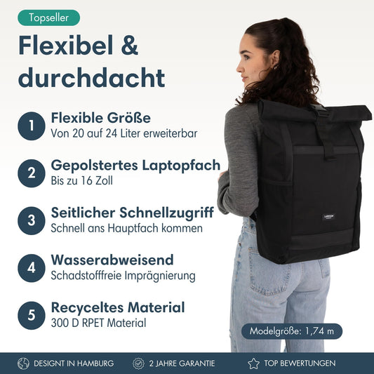 LARKSON Rolltop Backpack Men & Women Large Anthracite - No 2 - Daypack for School, College, Bike - 16 Inch Laptop Compartment for Work - Sustainable - Anti-Theft - Water-Resistant