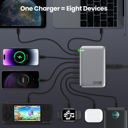 Feob 200W USB C Charger Multi, GaN III 8-Port Fast Charger PPS PD 65W Charger Adapter Fast Charging Station with USB-A power adapter for MacBook, iPhone, SteamDeck, Smartphones