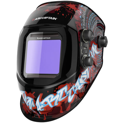 ARCCAPTAIN automatic welding helmet with Real Colour technology features an extra large viewing area of 10x9cm, wide shade range of 4/9-13 for ARC, TIG, MIG welding processes.