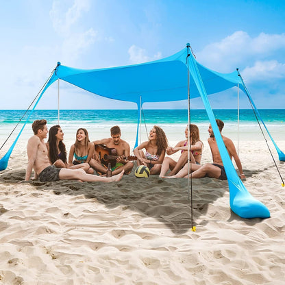 The COMMOUDS sun shade 3M x 3M, UPF50+ beach tent with 4 aluminum poles and sandbags for 6-8 people provides portable sun protection. Easy setup for picnics, outdoor fishing.
