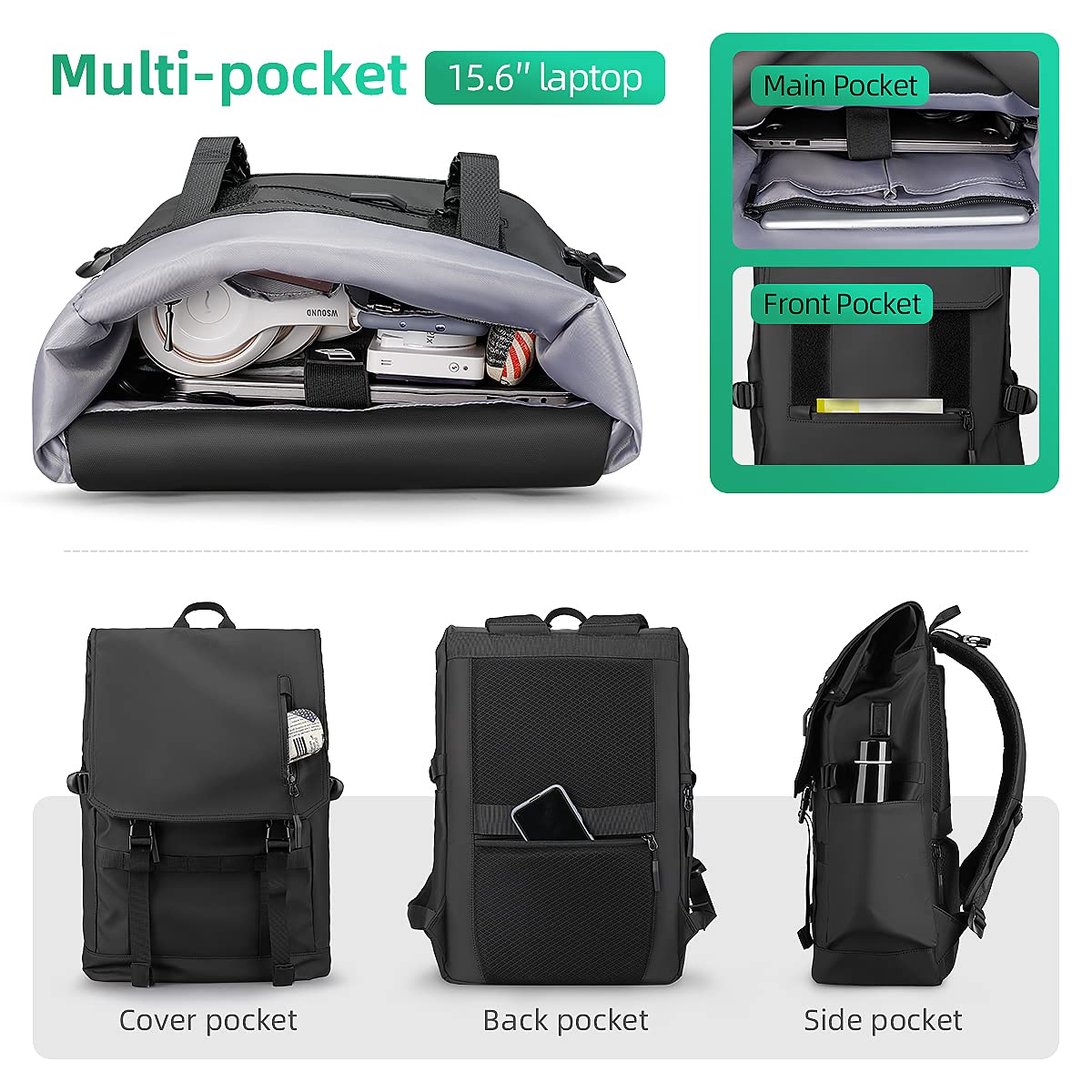 MARK RYDEN Rolltop Backpack with 3-Size-Technology, 15.6" Laptop Compartment, Water-Resistant, Compass, RFID-Blocking for Work, School, Travel, and Sports. Perfect for Men and Women.
