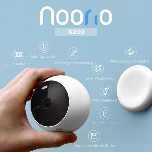 Noorio B200 Outdoor Battery Powered WiFi Surveillance Camera with Color Night Vision, wire-free design with magnetic mount, AI person/motion detection, 8GB free local storage, IP66, Compatible with Alexa