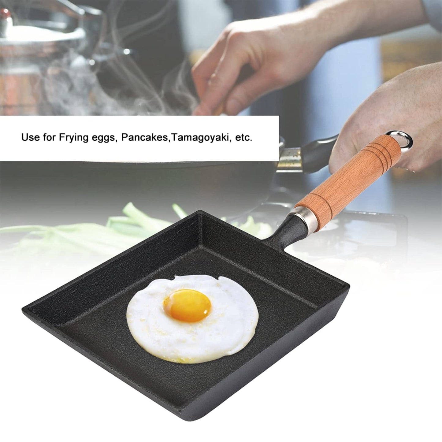 Pokerty Tamagoyaki Pan, Mini Iron Omelette Pan with Anti-heat Wood Handle for Tamagoyaki Omelette Pancakes