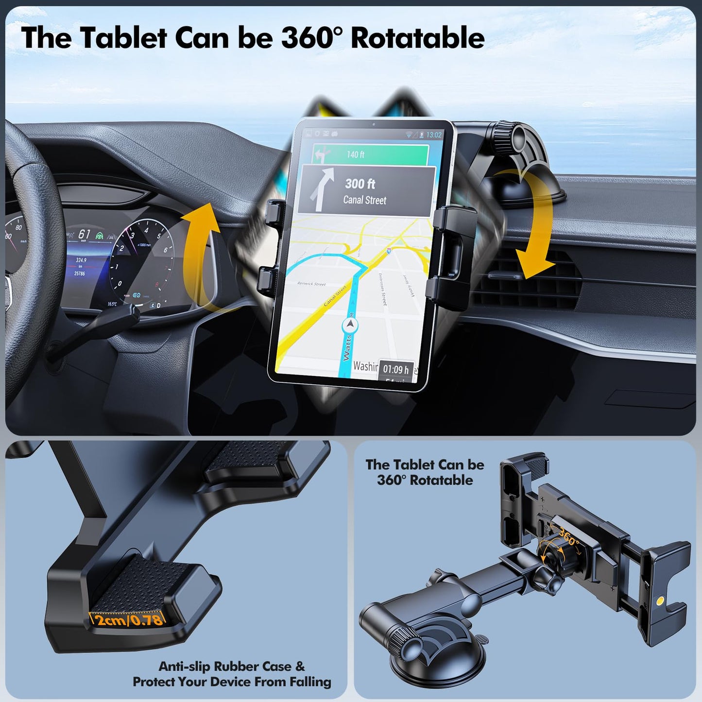 OHLPRO Tablet Holder for Car Dashboard & Windshield,360° Rotating iPad Car Mount, Strong Suction Cup Tablet Holder compatible with 5-13" Phones, iPads, and more.