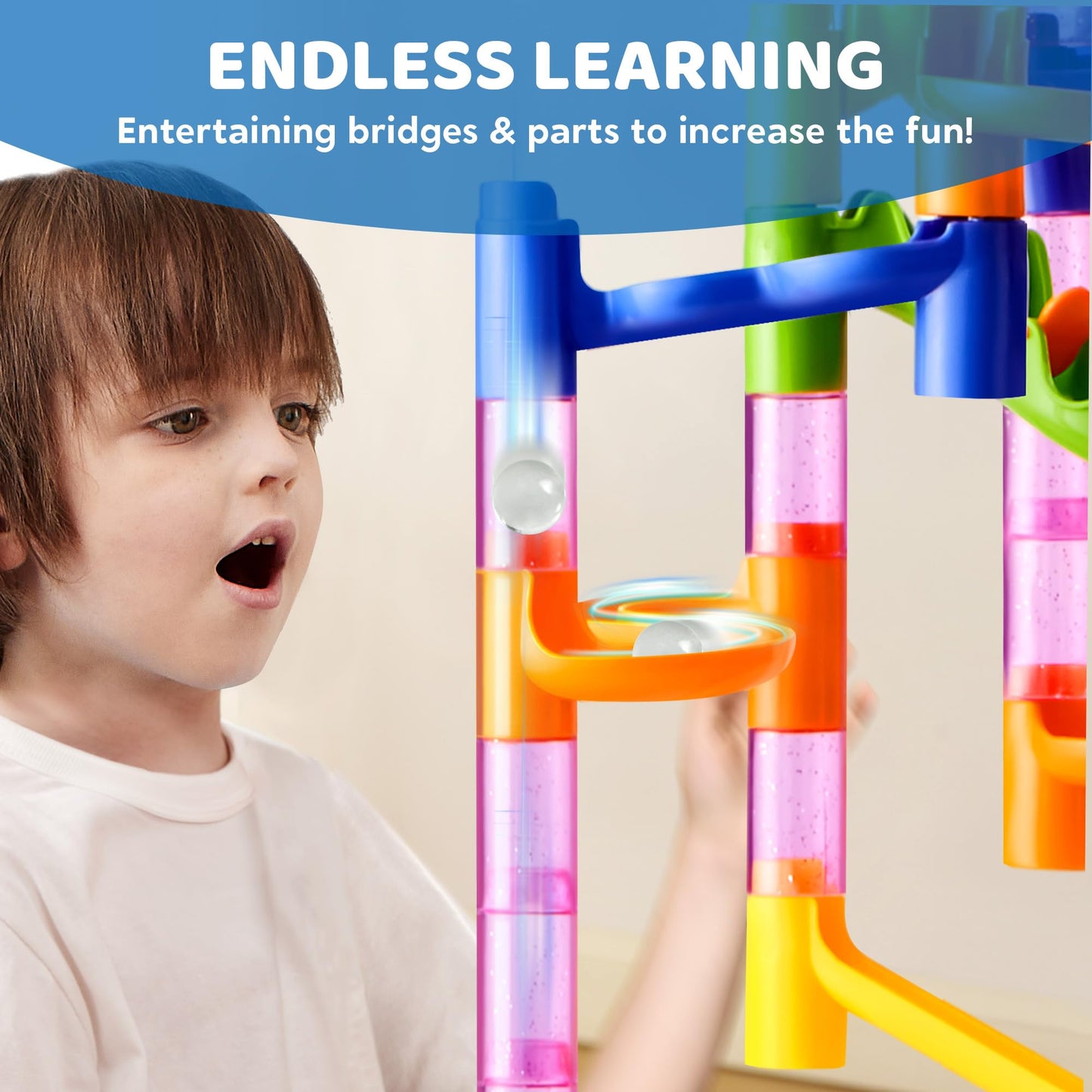 JOYIN 196-Piece Multicolored Marble Run Set, Building Blocks Toy, Educational Mint Learning Toy, Learning Building Block, Construction Toy for Kids (156 translucent plastic pieces + 40 glass marbles)