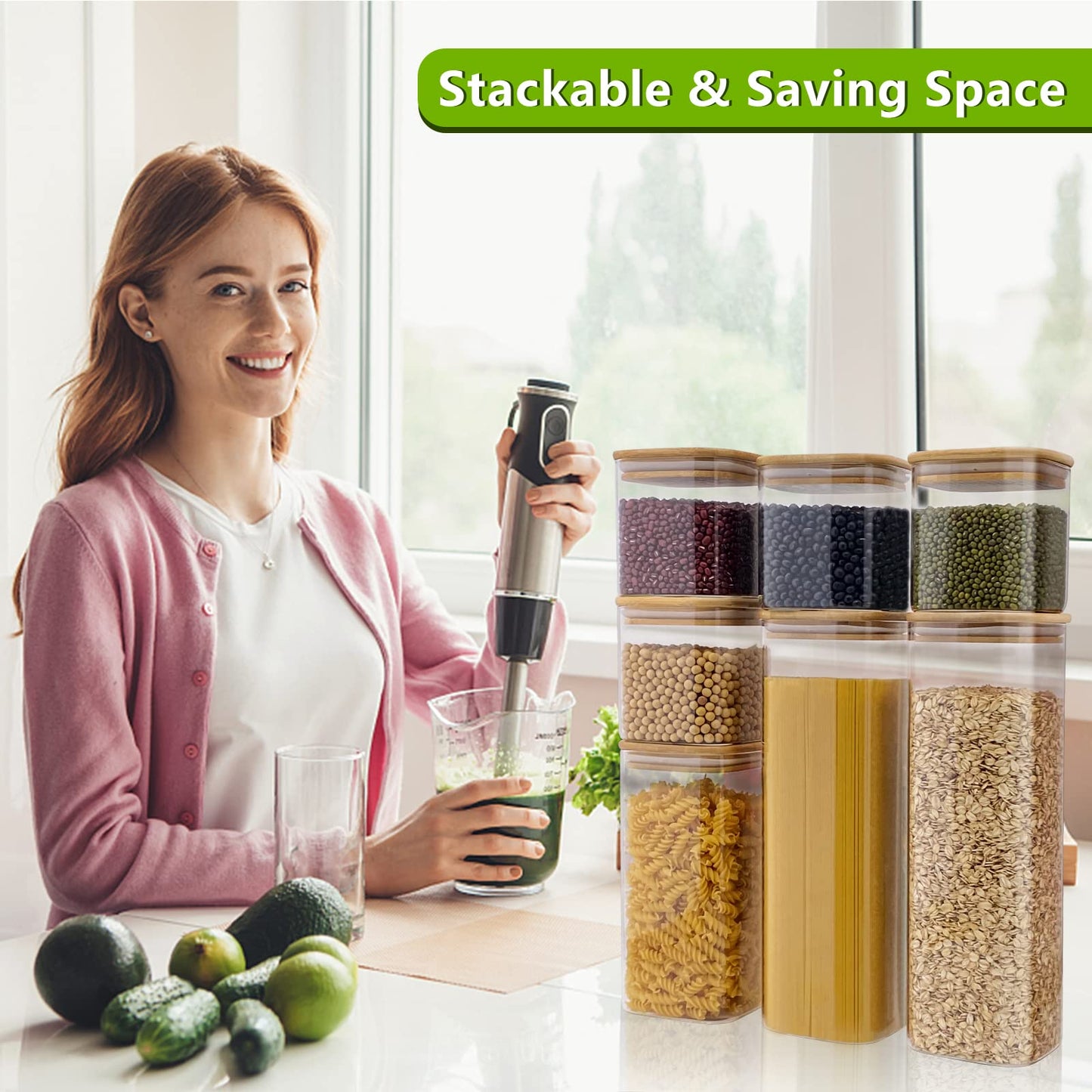 Withosent glass storage containers 7-piece set, 750ml/1500ml/2400ml storage jars with square lids, large glass container with wooden lid, kitchen storage jars for spaghetti, cereal, beans.