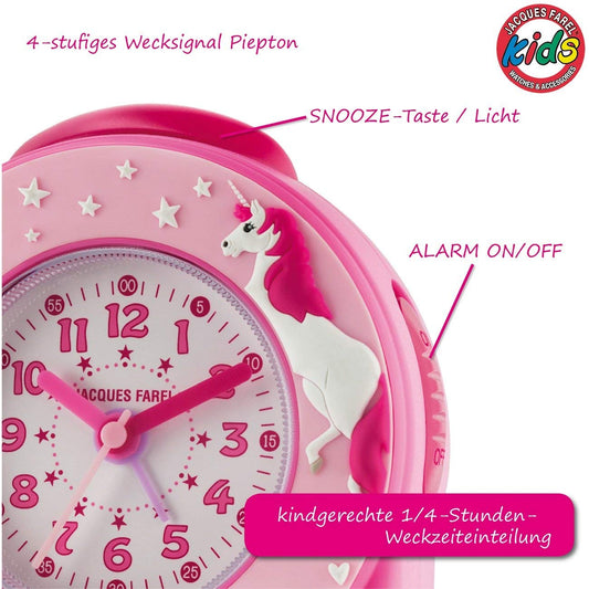 JACQUES FAREL children's alarm clock learning clock girls 3D unicorn pink rose analog quartz without ticking with light and snooze alarm ACW 50