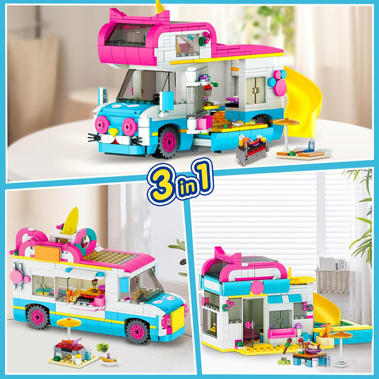 CUBIMANA 3-in-1 camper building blocks toy, RV caravan construction toy with slide and stickers, gifts for kids girls and boys from 6 to 12+ years old (494PCS)