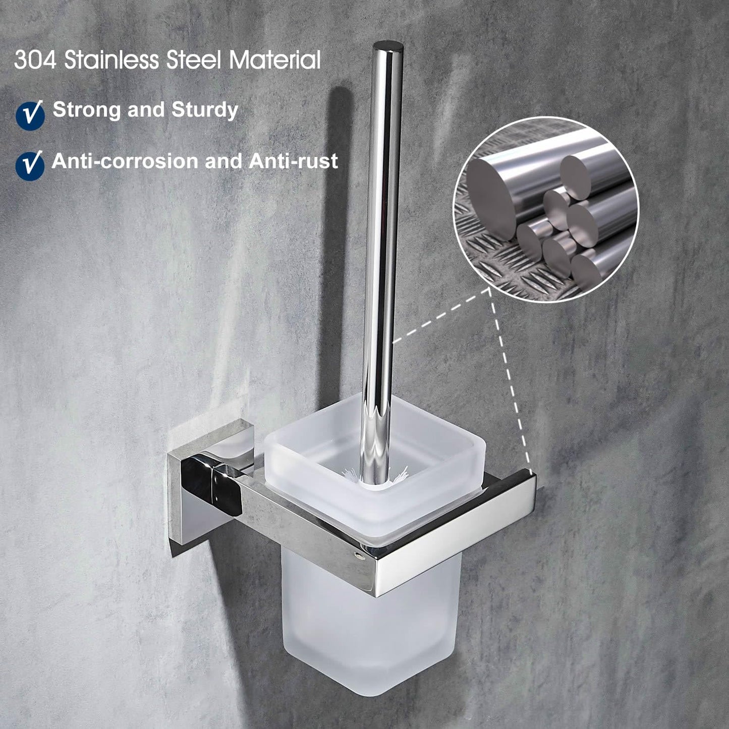 Toilet brush and holder wall mounted brush holder, chrome, toilet set toilet brush set made of 304 stainless steel and frosted glass for bathroom
