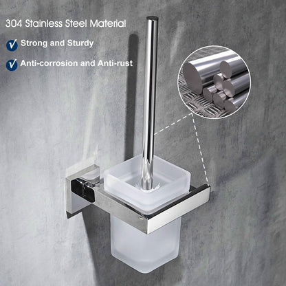 Toilet brush and holder wall mounted brush holder, chrome, toilet set toilet brush set made of 304 stainless steel and frosted glass for bathroom
