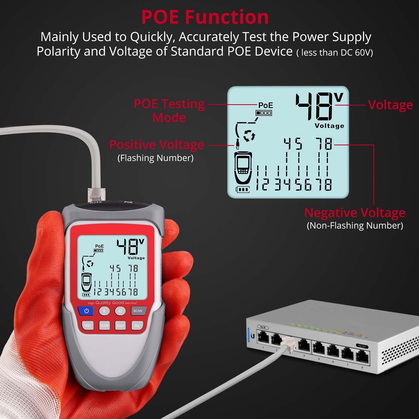 XUNTOP Wire Tracker Cable Finder LCD Network Cable Tester with POE Test Network Testing Tool Network Cable Tester with Storage Bag Support Network Cable CAT5, CAT5e, CAT 6, CAT 7 CAT 8