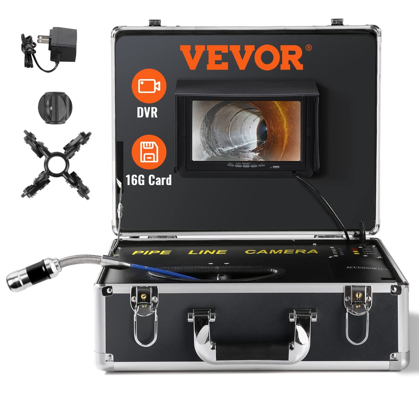 VEVOR 7" Professional Pipe Camera 20m Industrial Inspection Camera 1000TVL Endoscope Drain Camera 16GB SD Card IP68 Waterproof 480P Color Monitor DVR 4500mAh Lithium Battery 6 Hours Continuous Operation with Carrying Case.