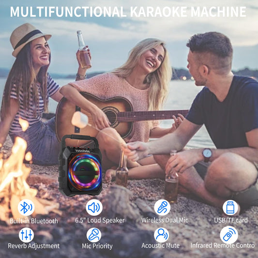 Portable karaoke machine with 2 wireless microphones, portable Bluetooth speaker with RGB lights, PA system for adults and kids, supports TF/USB, FM, Rec, AUX in.