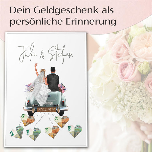 Paper Forge® Customized money gift wedding | COUPLE IS CUSTOMIZABLE | DIY wedding gifts for the bride and groom | A2 poster with frame wedding car money gift picture "Old Car"