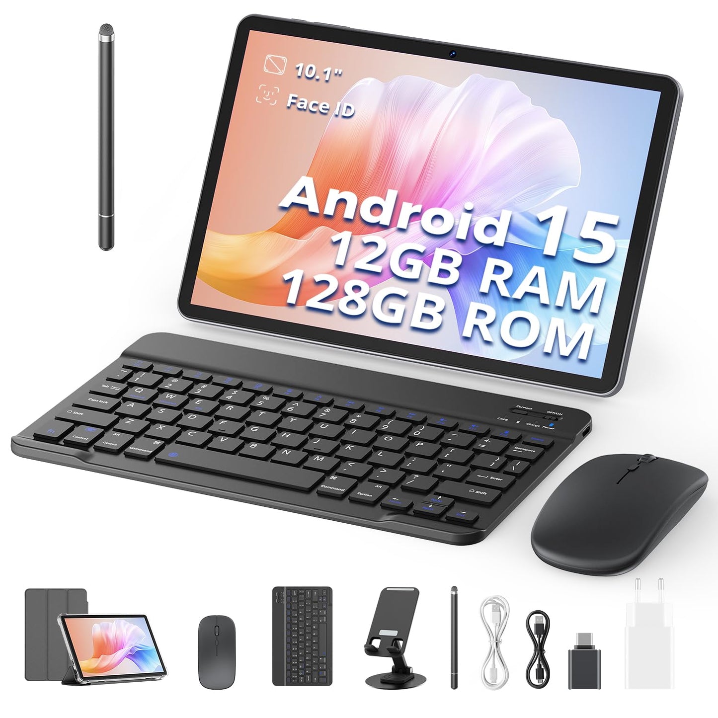 2025 Latest tablet, 10 inches, 12GB RAM+128GB ROM (1TB TF) with case, stylus, keyboard, and mouse, Octa-core, 1280x800 HD, 6000mAh (with NTC), Widevine L1, 8MP+5MP cameras, 2.4G+5G WiFi, GPS (Android 15).
