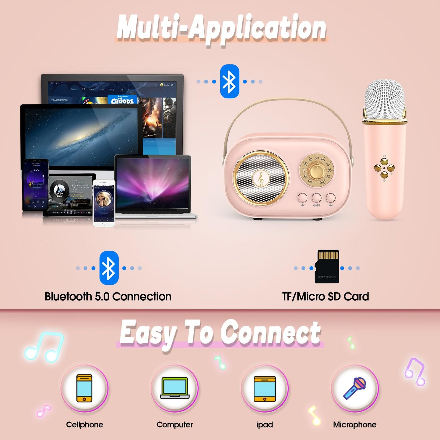 Dislocated Bluetooth Microphone Karaoke Children, Excellent Music Toy for Girls 4-12 Years Kids1 (Pink)