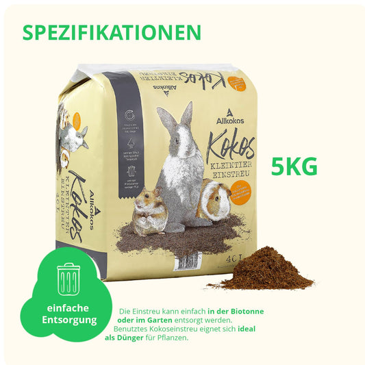 Allcoconut bedding made from 100% coconut fibers - dust-free, odor-absorbing, and gentle on paws - perfect as bedding for hamsters, rabbits, guinea pigs, and more. (3x40 liters)