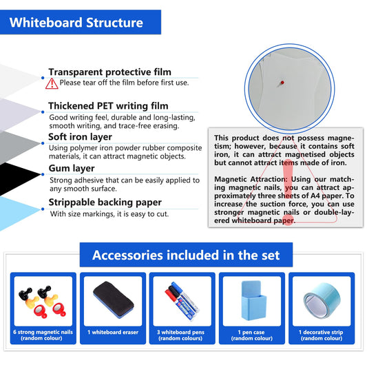 JOMUSAGA Whiteboard Film, 180 x 120 cm, magnetic self-adhesive whiteboard film, whiteboard sticker DIY, including marker, sponge, and magnets, for school, office, and home.